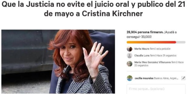 Juntan más de 220.000 firmas en menos de 24 horas en reclamo del inicio del juicio a Cristina
