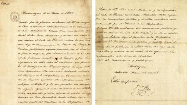 Manuscrito del decreto del 10 de junio de 1829 de creación de la Comandancia Política y Militar de las Islas Malvinas y adyacentes al Cabo de Hornos en el Mar Atlántico (Archivo General de la Nación).­