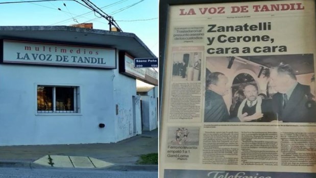 A la izquierda, la sede actual del Multimedios La Voz de Tandil, desde 2008, en la esquina de Avenida Del Valle y Sáenz Peña. A la derecha, la histórica primera tapa del Diario.