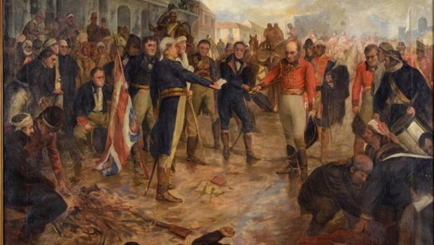 El 12 de agosto de 1806, las tropas británicas firmaban su rendición, luego de 45 días de enfrentamientos durante la llamada primera invasión inglesa. Cuadro de Charles Fouqueray.­