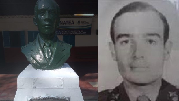 El subteniente Rodolfo Hernán Berdina y el monumento que lo recuerda.