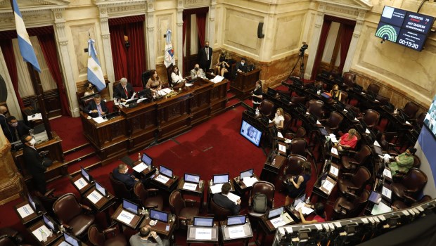 La vicepresidenta Cristina Kirchner presidió la sesión en la Cámara Alta que fue mixta: presencial y virtual.­