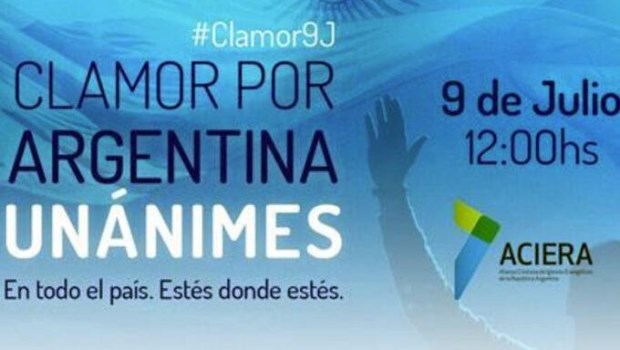 La actividad se promueve en redes sociales con el hashtag #Clamor9J y se denomina “Clamor por Argentina, unánimes”.