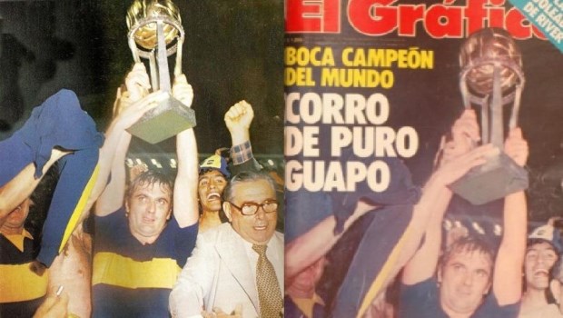 El Chapa Suñe con la Copa Intercontinental y la tapa de El Gráfico con la misma imagen.