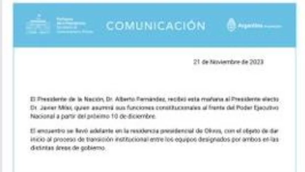 Presidencia emitió un comunicado tras la reunión de Alberto Fernández y Javier Milei