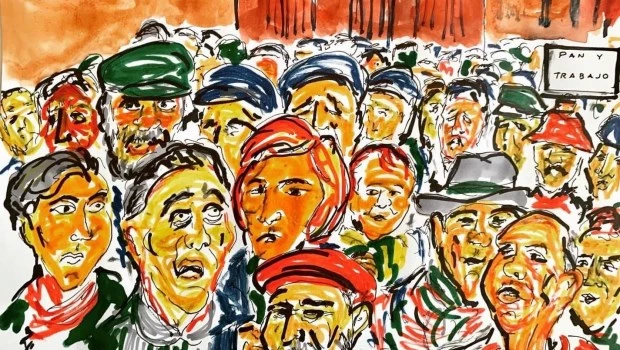 "Primero de Mayo" (técnica mixta sobre "Manifestación" de Antonio Berni, 2021).