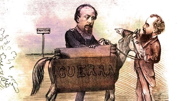 Caricatura del general Julio Argentino Roca junto al presidente Nicolás Avellaneda, refiriéndose a la ‘Campaña al Desierto’. Fue publicada en la Revista ‘El Mosquito’, el domingo 20 de enero de 1878. Del Archivo General de la Nación.