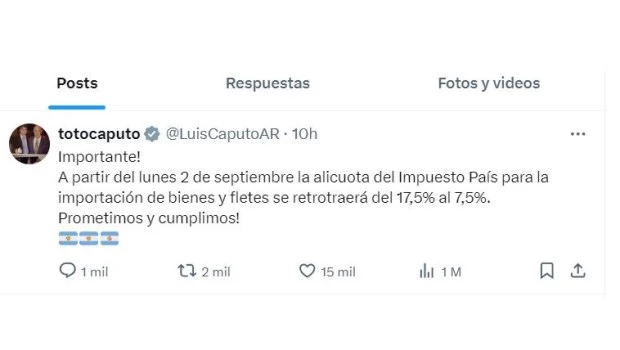 Caputo confirmó la reducción del impuesto PAIS