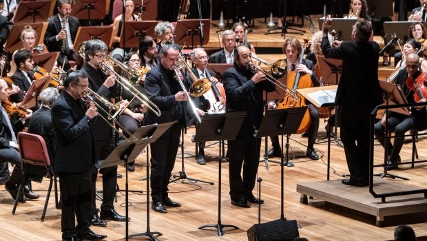 El cuarteto de trombones Viento Sur acompañó a la orquesta en una obra de Gerardo Gardelin. (Foto: Luciana D'Attoma)