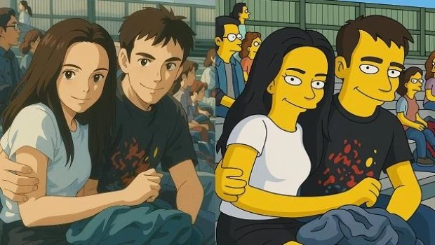 Una misma foto transformada a modo Studio Ghibli y modo Simpsons.