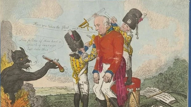 Caricatura de Isaac Cruikshank que muestra la degradación de Whitelocke luego de la corte marcial.