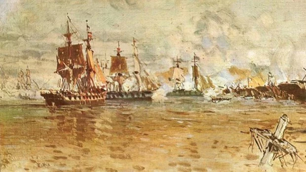 La armada anglo-francesa fuerza su paso a través de la Vuelta de Obligado. Oleo de Manuel Larravide (1871–1910). Abajo: Ernesto Palacio.
