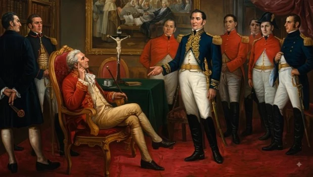 Óleo de Juan Lepiani que representa la entrevista de Punchauca, entre el virrey del Perú José de la Serna y el Libertador José de San Martín.