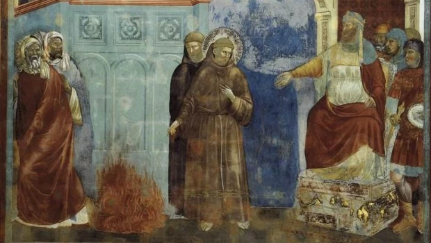 San Francisco ante el sultán musulmán. Fresco de la Basílica superior de San Francisco de Asís, obra de Giotto.