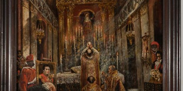 Oleo sobre tela de Martín L. Boneo (1829-1915) que representa una ceremonia religiosa en la Iglesia de la Piedad. Se puede observar el retrato de Rosas no sobre el altar sino a su izquierda, en el presbiterio.