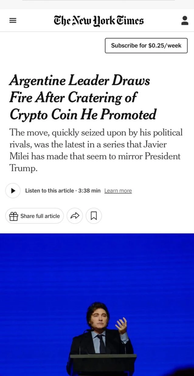 El escándalo por el token que recomendó Milei llegó a The New York Times -  Política | Diario La Prensa